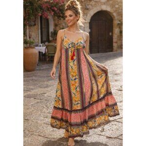 BOG Collective Boho Patch Metallic Festival Maxi Dress Hippie Beach Resort Vacay